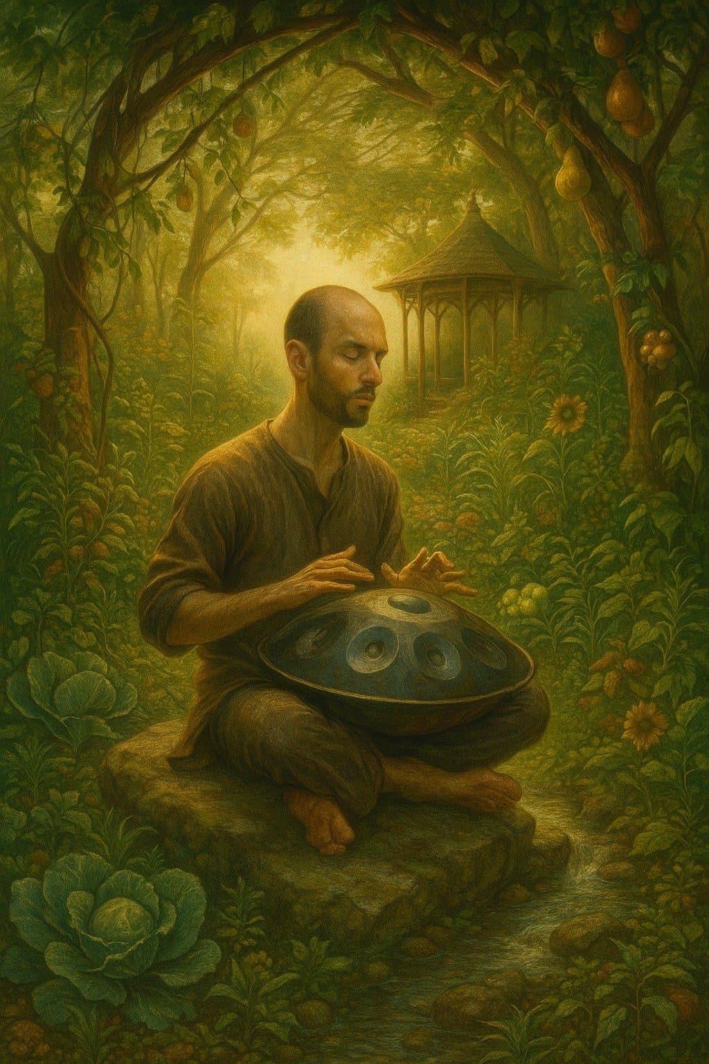 Julian playing handpan in the food forest